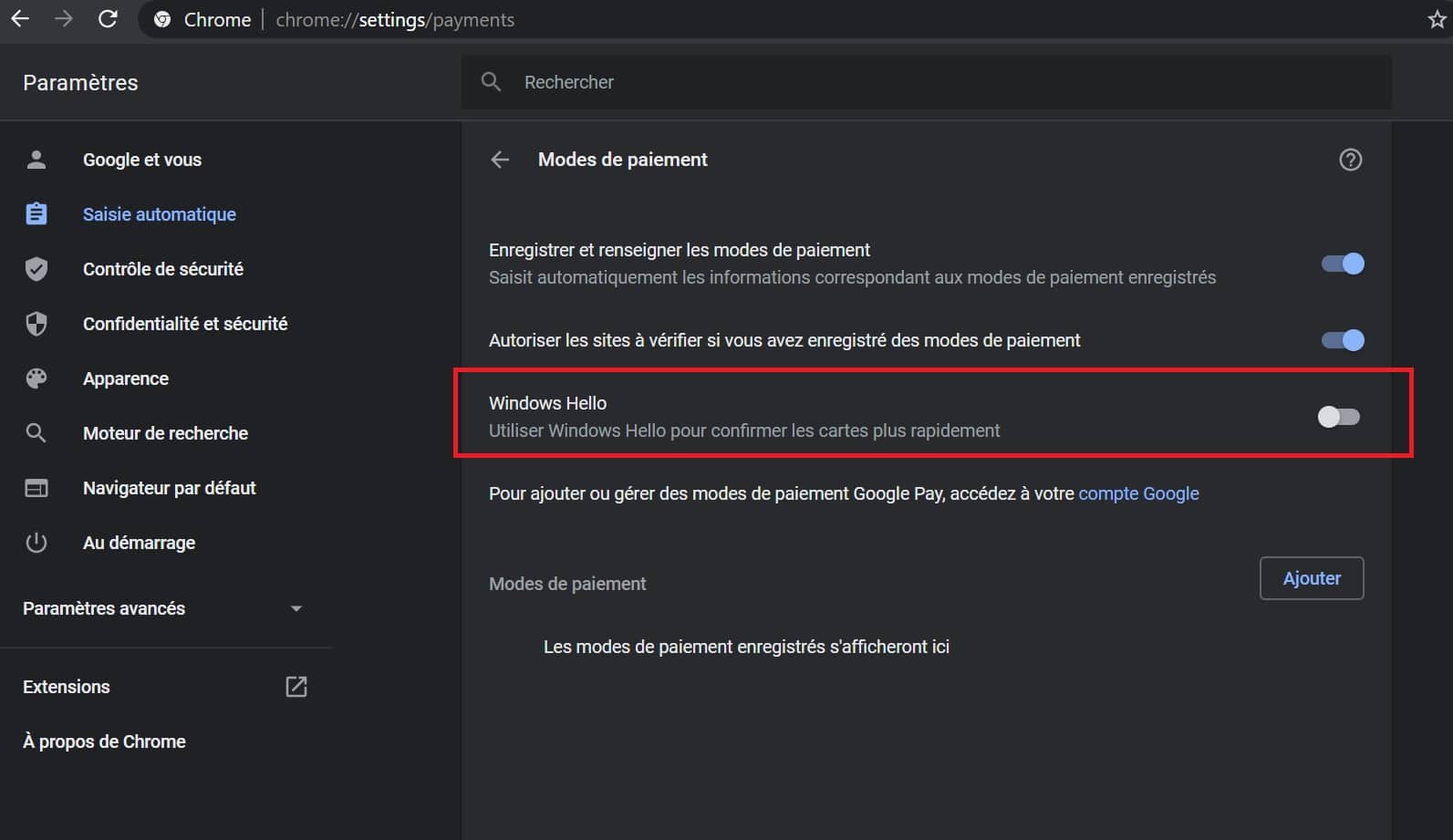 google chrome windows hello